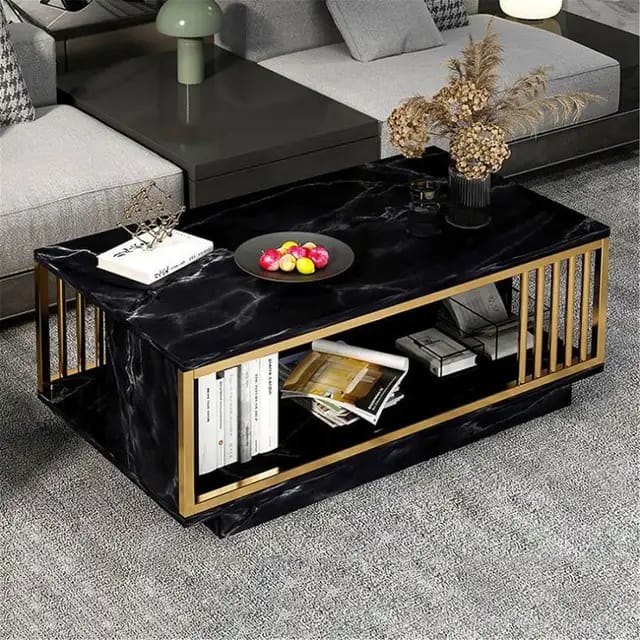 Quality Marble Textured Coffee Table Kitchen & Dining Room Furniture Light and luxury Wide table top Double layer storage Smooth texture marbling