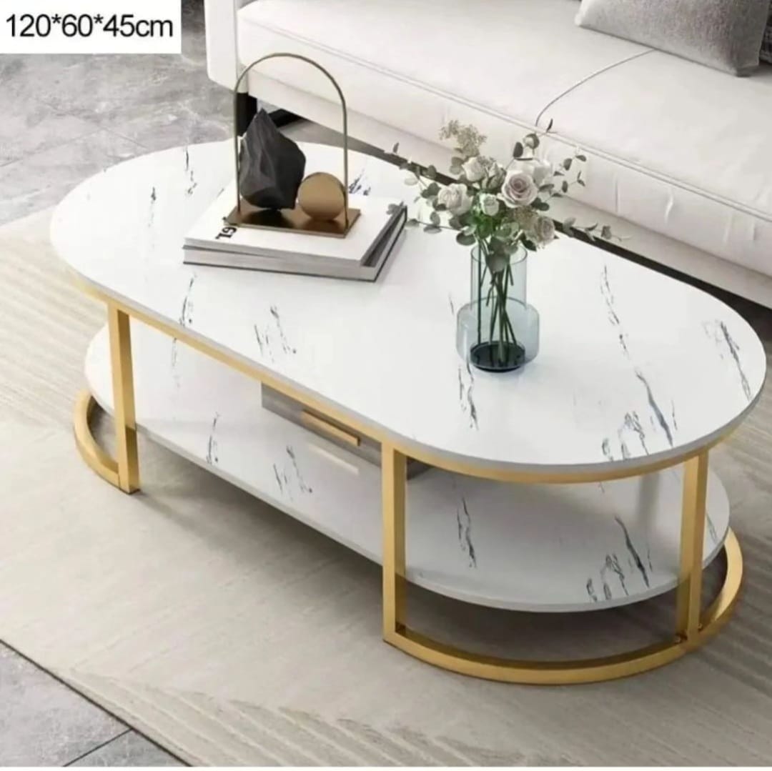 Modern Luxury Unique Marble Effect Coffee Table Living Sitting room Import Quality Marble textured gold Oval Layered White Studio apartment
