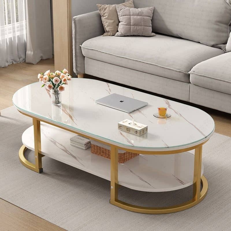Modern Luxury Unique Marble Effect Coffee Table Living Sitting room Import Quality Marble textured gold Oval Layered White Studio apartment