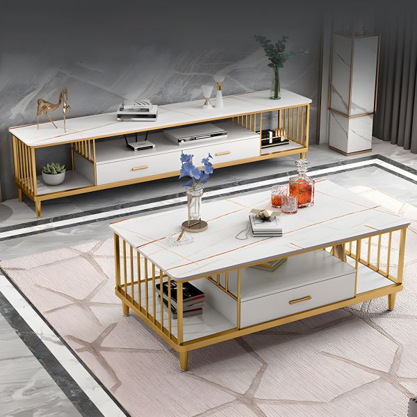 Quality Marble Textured Coffee Table Kitchen & Dining Room Furniture Light and luxury Wide table top Double layer storage Smooth texture marbling