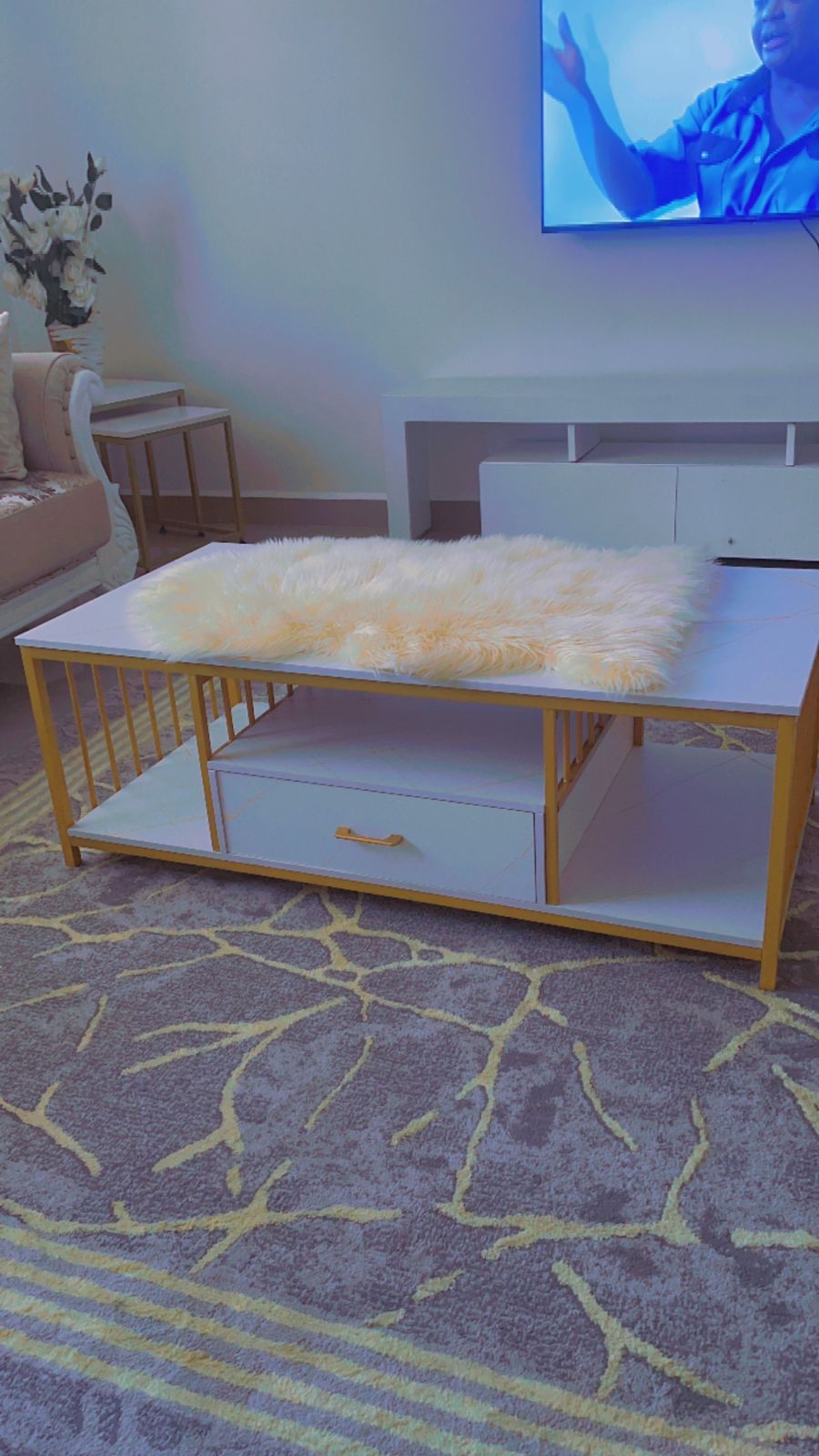 Quality Marble Textured Coffee Table Kitchen & Dining Room Furniture Light and luxury Wide table top Double layer storage Smooth texture marbling