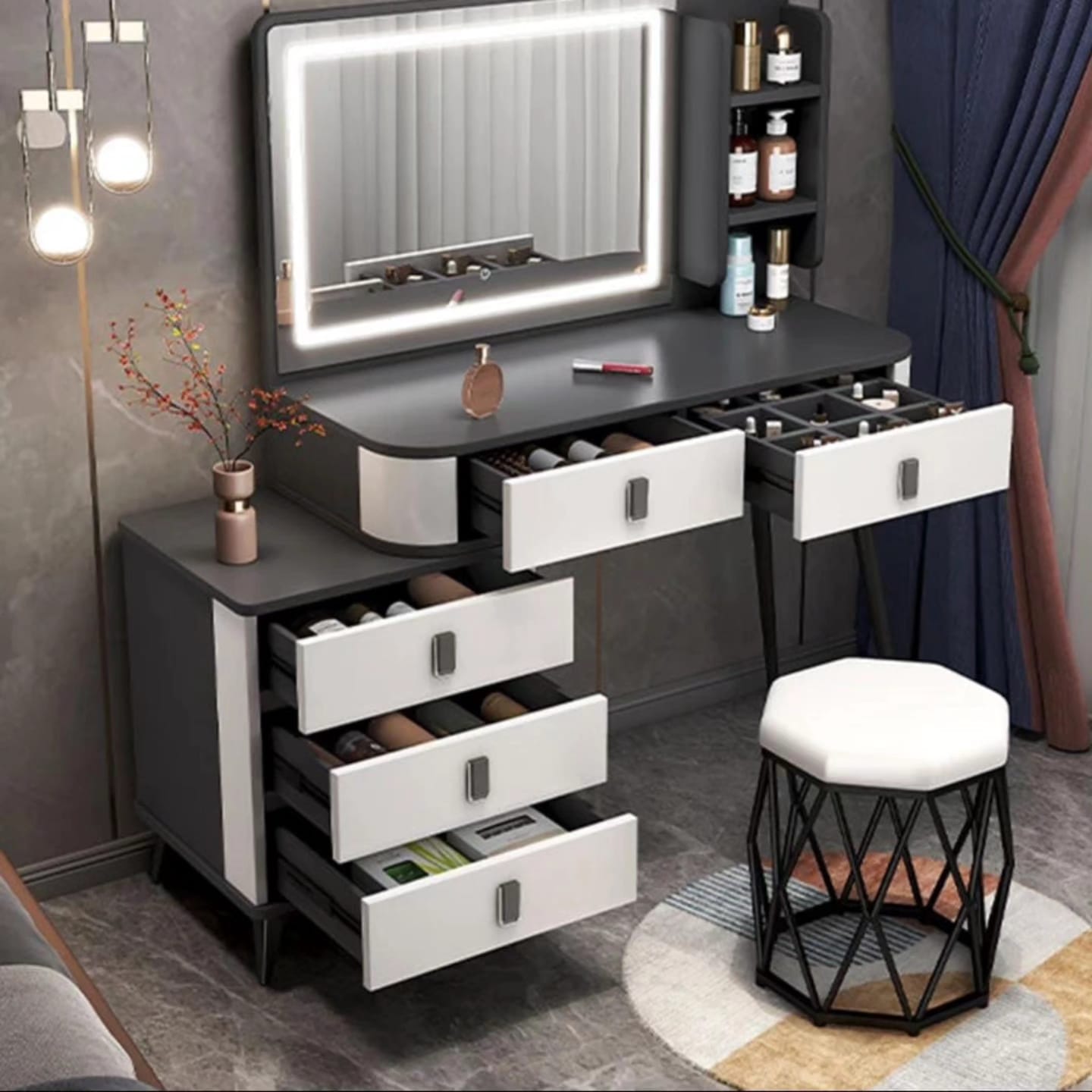 Dressing table with sliding mirror; made from high quality woods and finished with three layers of paint, this vanity table will stand the test of time