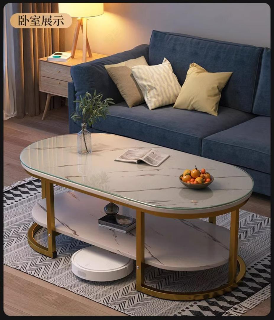 Modern Luxury Unique Marble Effect Coffee Table Living Sitting room Import Quality Marble textured gold Oval Layered White Studio apartment