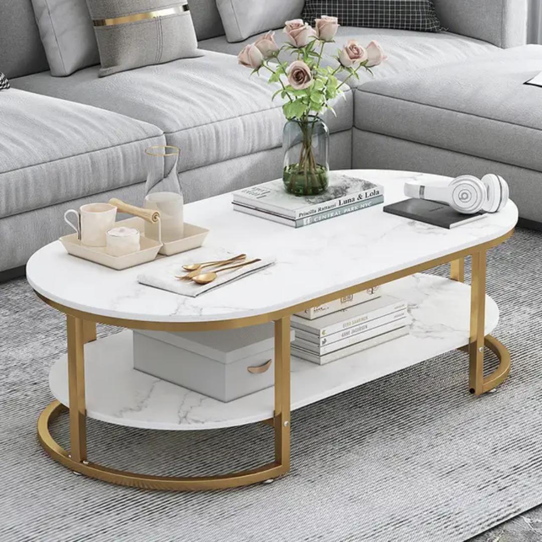 Modern Luxury Unique Marble Effect Coffee Table Living Sitting room Import Quality Marble textured gold Oval Layered White Studio apartment