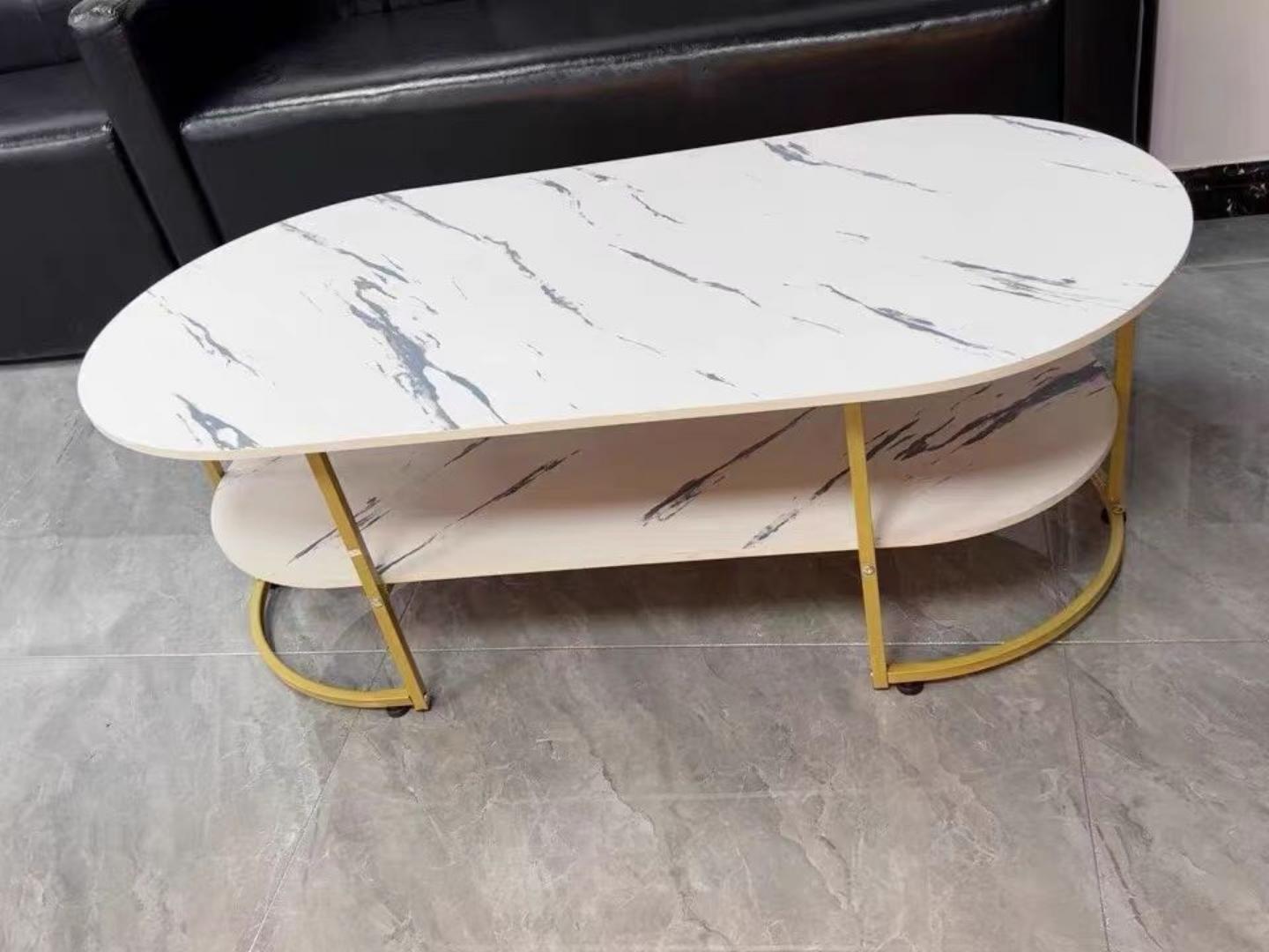 Modern Luxury Unique Marble Effect Coffee Table Living Sitting room Import Quality Marble textured gold Oval Layered White Studio apartment