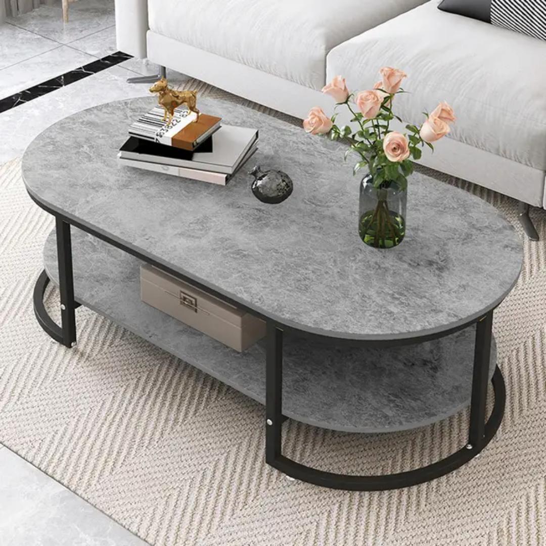 Modern Luxury Unique Marble Effect Coffee Table Living Sitting room Import Quality Marble textured gold Oval Layered White Studio apartment