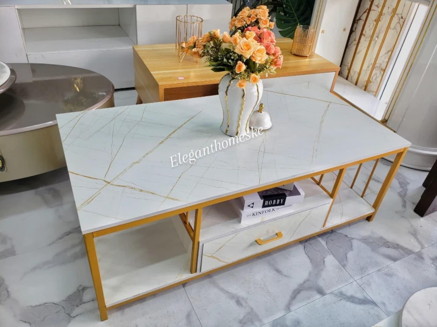 Quality Marble Textured Coffee Table Kitchen & Dining Room Furniture Light and luxury Wide table top Double layer storage Smooth texture marbling