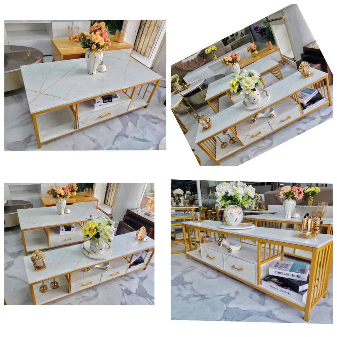 Quality Marble Textured Coffee Table Kitchen & Dining Room Furniture Light and luxury Wide table top Double layer storage Smooth texture marbling