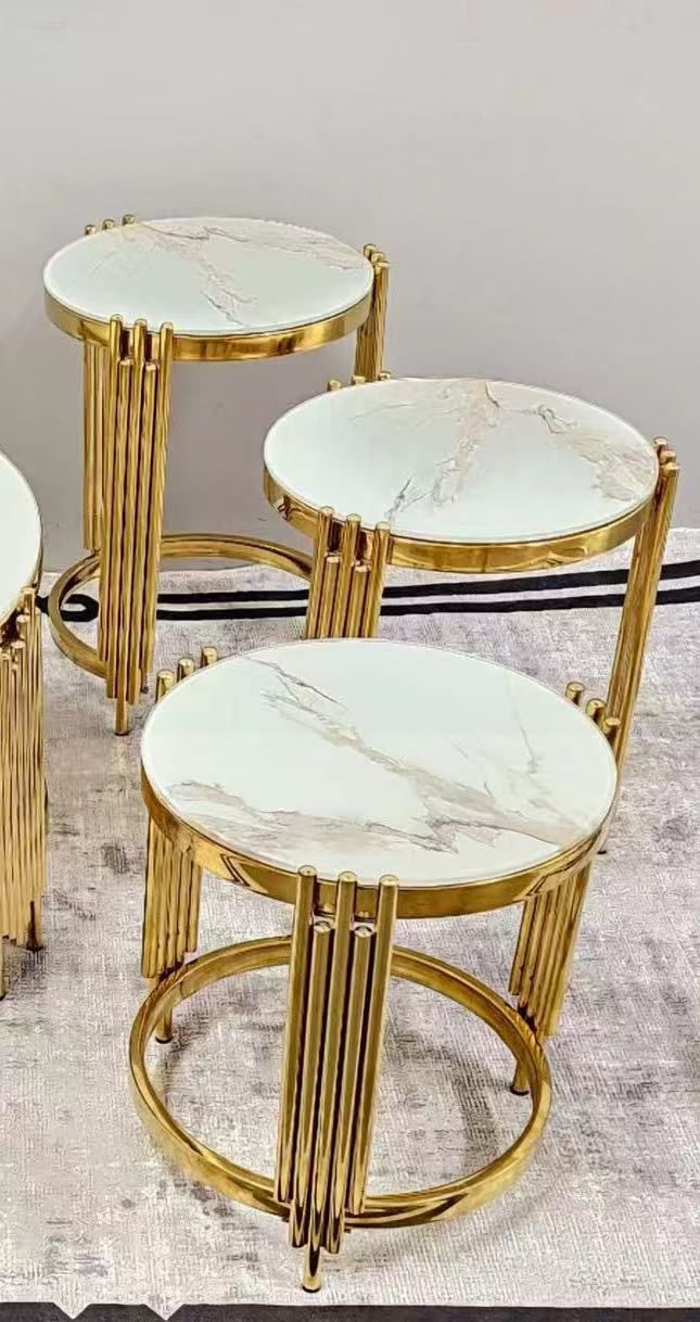 3in1 MARBLE coffee table has black tempered glass tops with gold-finished metal frames nesting table STRONG AND DURABLE Made of denser and uniform particle