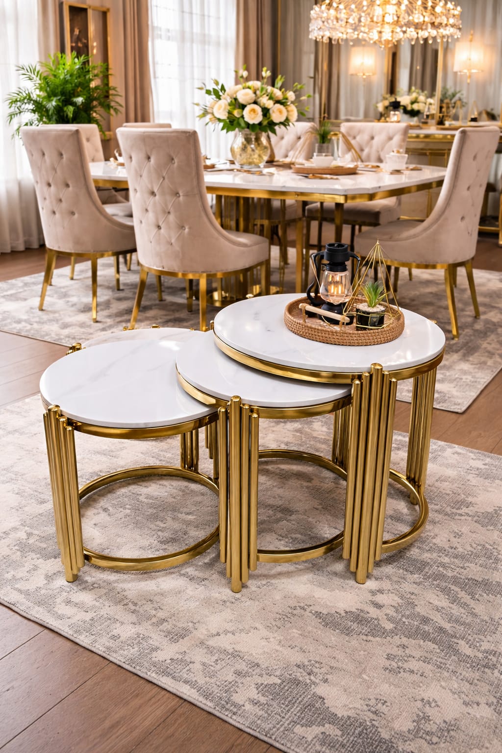 3in1 MARBLE coffee table has black tempered glass tops with gold-finished metal frames nesting table STRONG AND DURABLE Made of denser and uniform particle