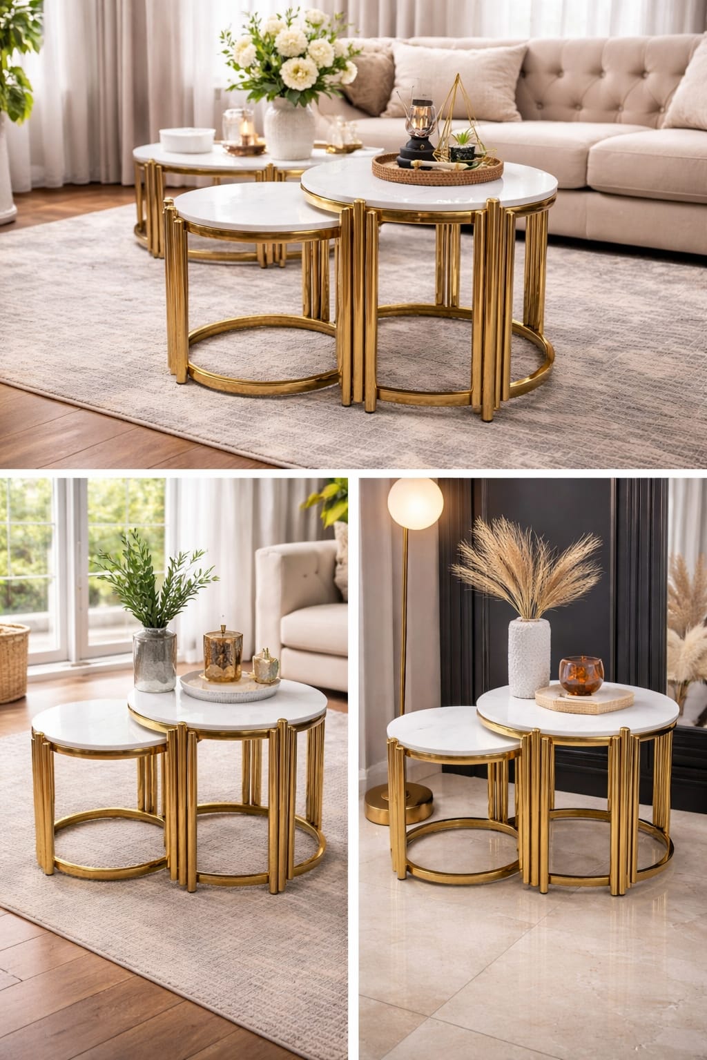 3in1 MARBLE coffee table has black tempered glass tops with gold-finished metal frames nesting table STRONG AND DURABLE Made of denser and uniform particle