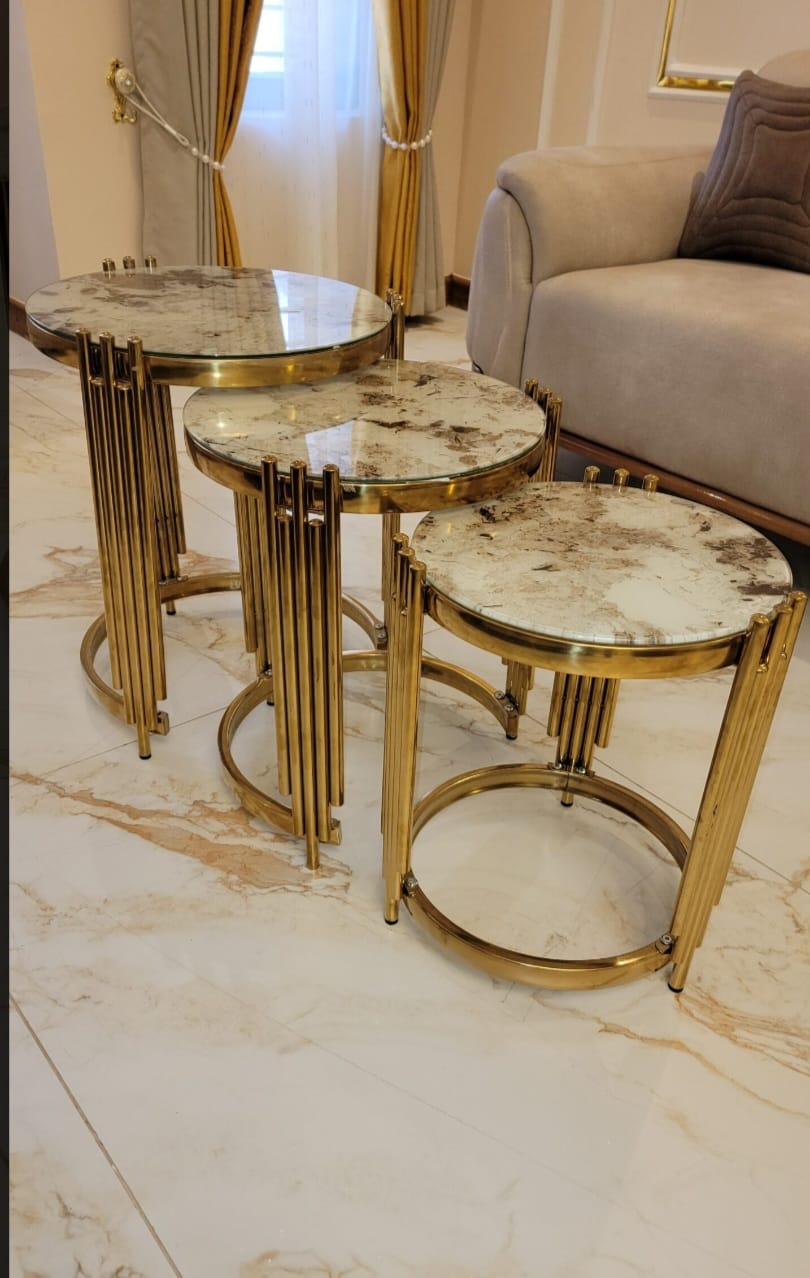 3in1 MARBLE coffee table has black tempered glass tops with gold-finished metal frames nesting table STRONG AND DURABLE Made of denser and uniform particle