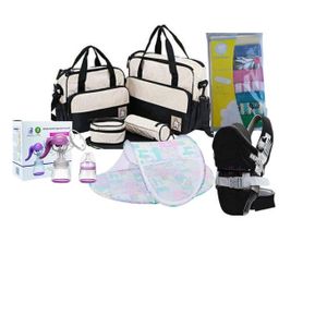 Ultimate 16-Piece Newborn Essential Gift Set & Diaper Bag Bundle.
5 in 1 diaper bag, Manual breast pump,Normal baby carrier, 8 piece washcloth and baby nest