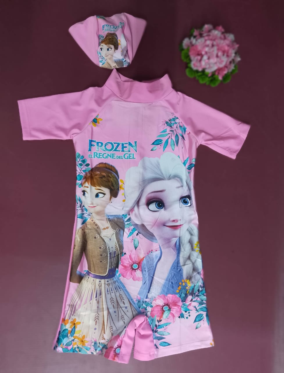 cartoon themed girls swimsuit with a waterproof swim cap