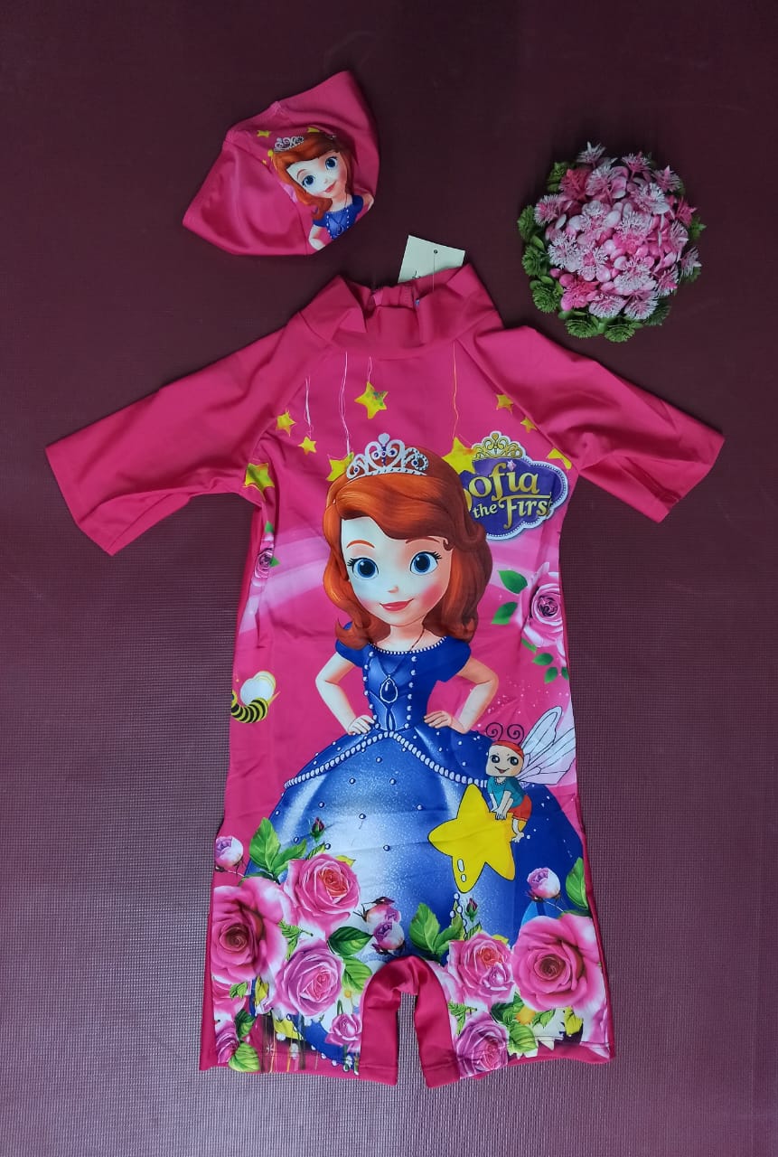 cartoon themed girls swimsuit with a waterproof swim cap