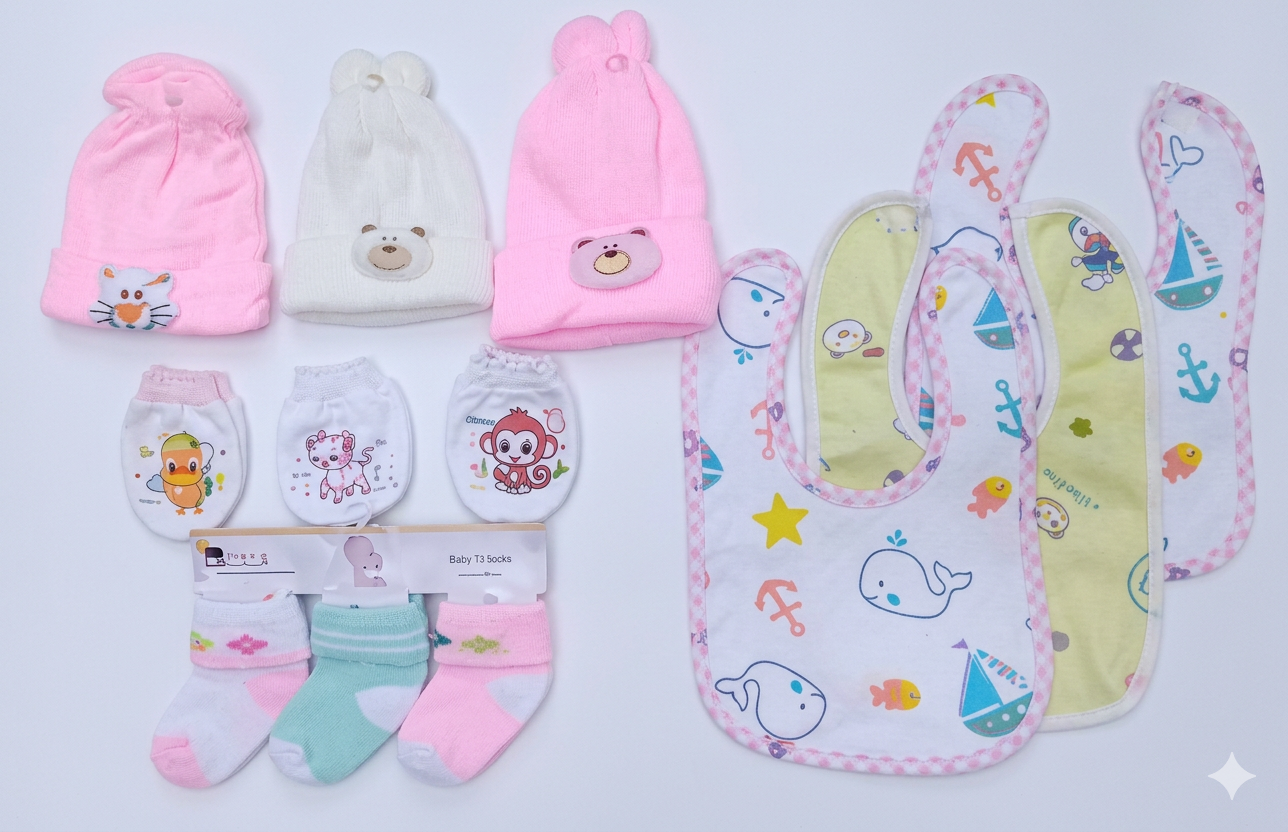 12-Piece Newborn Accessory Set (0–6 Months),3 Plush Knotted Hats,3 Pairs of Scratch Mittens,3 Pairs of BABY Sock and 3 Nautical-Themed Bibs