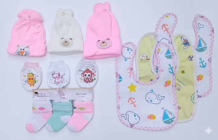 12-Piece Newborn Accessory Set (0–6 Months),3 Plush Knotted Hats,3 Pairs of Scratch Mittens,3 Pairs of BABY Sock and 3 Nautical-Themed Bibs
