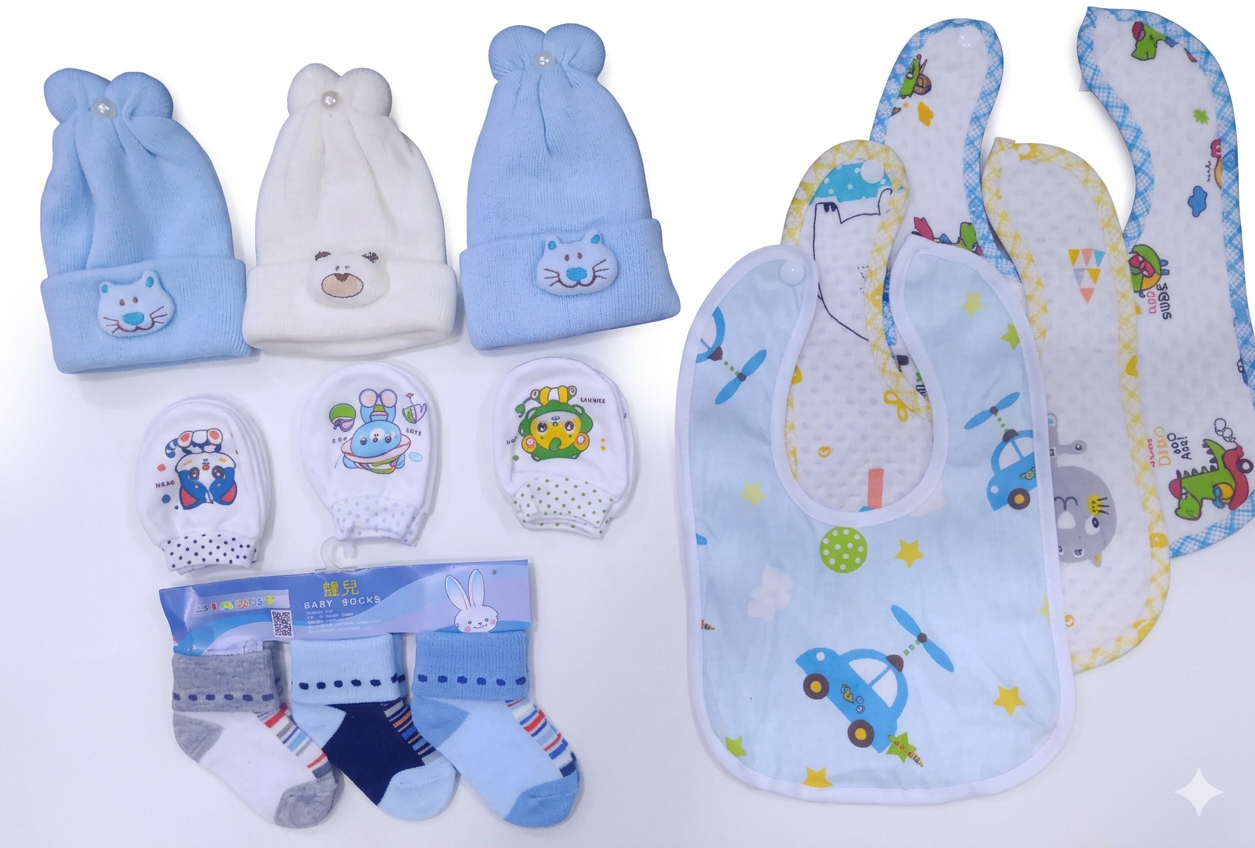 12-Piece Newborn Accessory Set (0–6 Months),3 Plush Knotted Hats,3 Pairs of Scratch Mittens,3 Pairs of BABY Sock and 3 Nautical-Themed Bibs