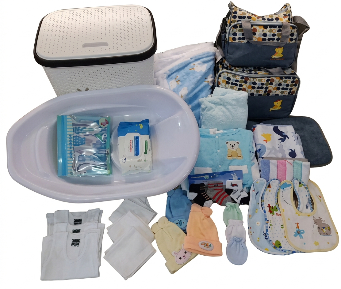 The Ultimate 35-Piece Newborn Essentials Starter Pack,Laundry Basket,Baby Care Kit,Baby Wipes, Receiving Set,Liners, Hats, Vests,Diaper Bag, baby warmer, washcloth (Print May Vary)
