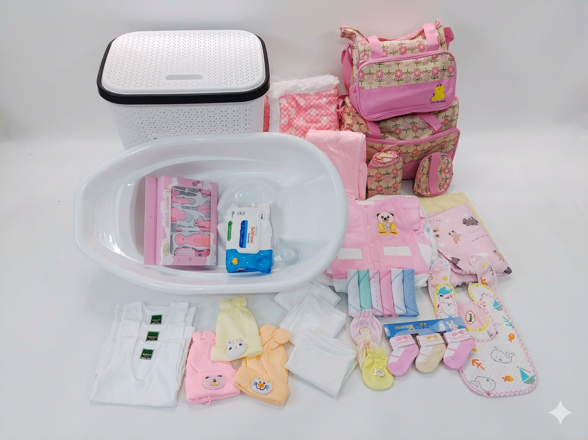 The Ultimate 35-Piece Newborn Essentials Starter Pack,Laundry Basket,Baby Care Kit,Baby Wipes, Receiving Set,Liners, Hats, Vests,Diaper Bag, baby warmer, washcloth (Print May Vary)