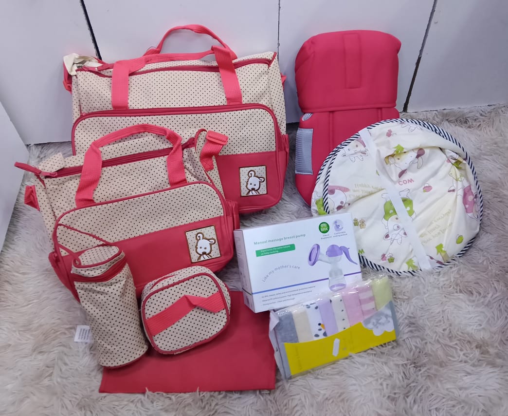 Ultimate 16-Piece Newborn Essential Gift Set & Diaper Bag Bundle.
5 in 1 diaper bag, Manual breast pump,Normal baby carrier, 8 piece washcloth and baby nest