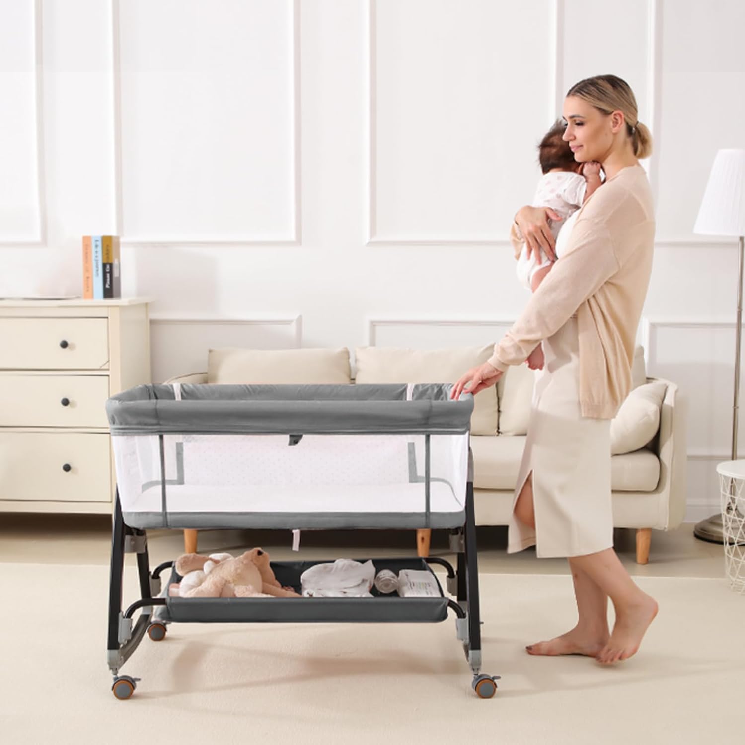 4-in-1 Adjustable Baby Bassinet & Bedside Sleeper with Canopy
co sleeper bassinet with wheels mosquito net adjustable height 5 levels rocking mode matres