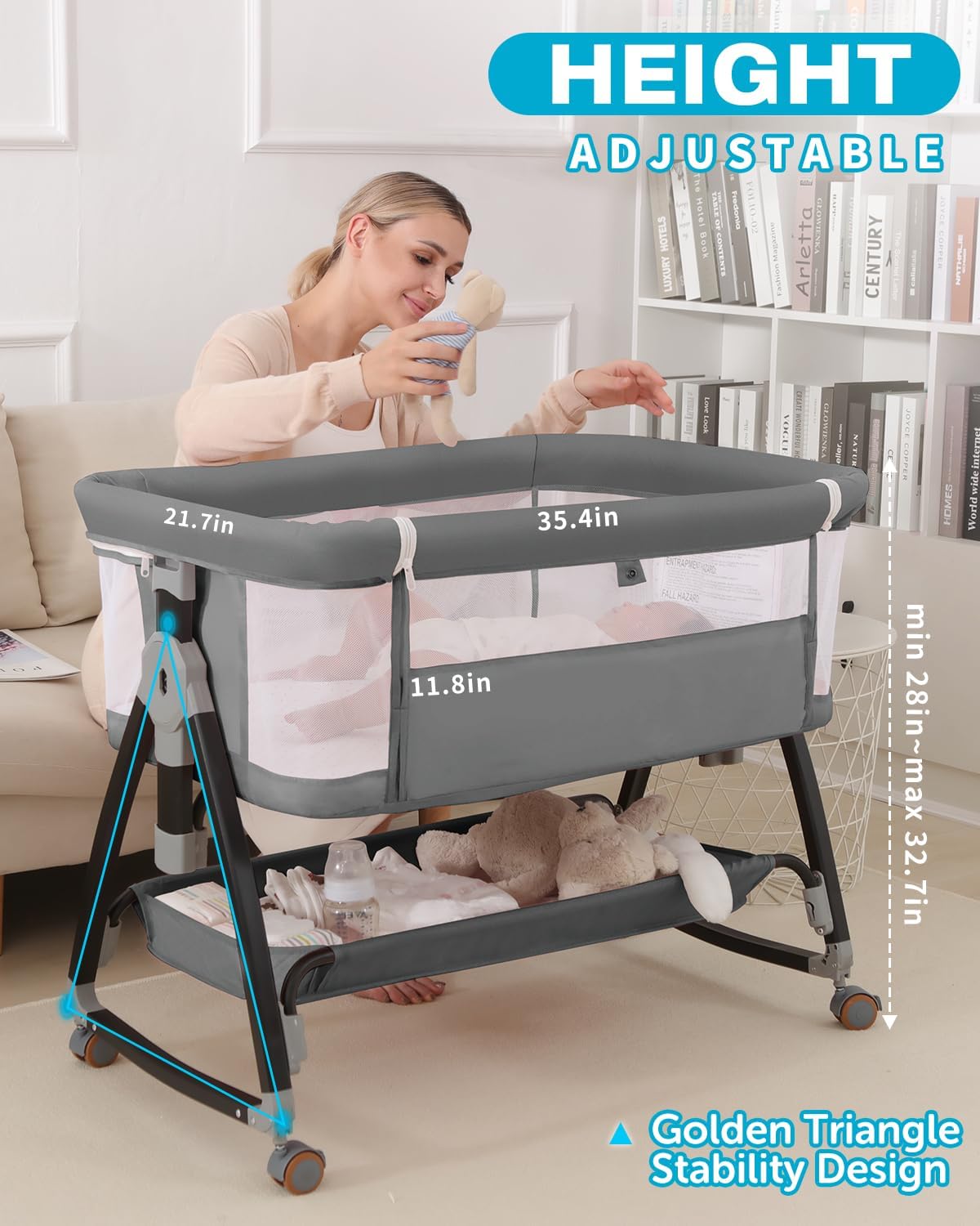 4-in-1 Adjustable Baby Bassinet & Bedside Sleeper with Canopy
co sleeper bassinet with wheels mosquito net adjustable height 5 levels rocking mode matres