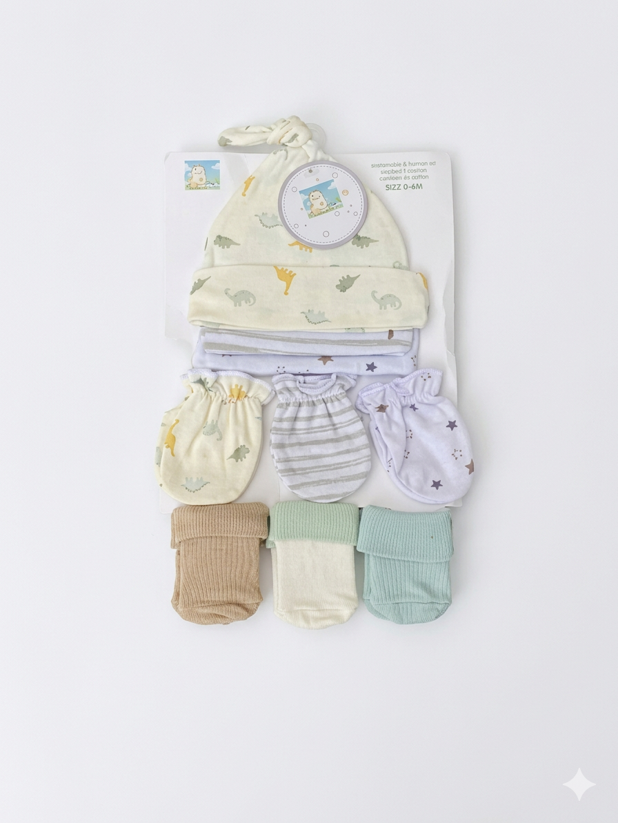 9-Piece Newborn Essential Accessory Set | 3x Hats, 3x Mittens, 3x Booties (Print may Vary)
