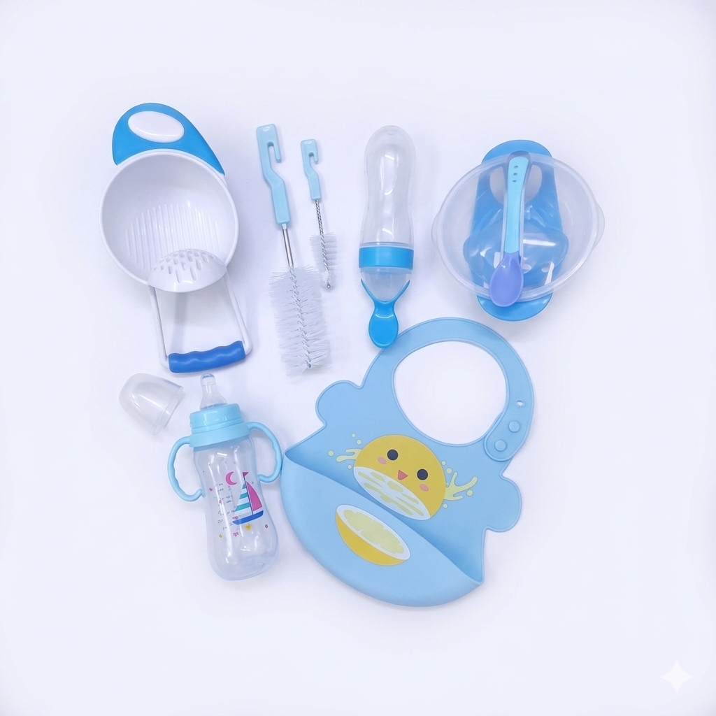 All-in-One Baby Weaning & Feeding Starter Set – 6 Pieces
 Silicone Bib, Masher,fruit Pacifier,feeding Bottle,bottle Brush , Silicone Squeeze Feeder