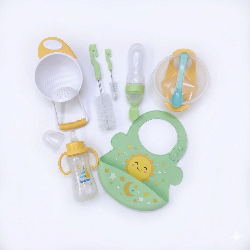 All-in-One Baby Weaning & Feeding Starter Set – 6 Pieces
 Silicone Bib, Masher,fruit Pacifier,feeding Bottle,bottle Brush , Silicone Squeeze Feeder