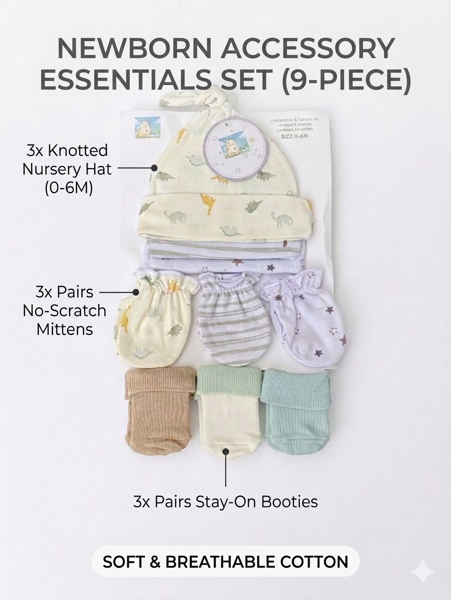 9-Piece Newborn Essential Accessory Set | 3x Hats, 3x Mittens, 3x Booties (Print may Vary)