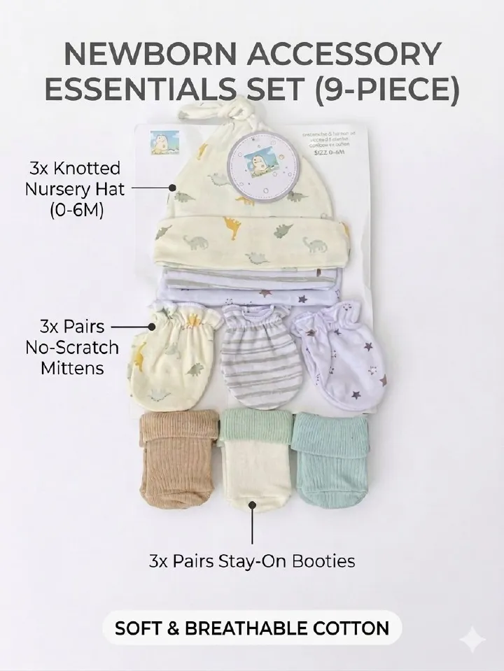 9-Piece Newborn Essential Accessory Set | 3x Hats, 3x Mittens, 3x Booties (Print may Vary)