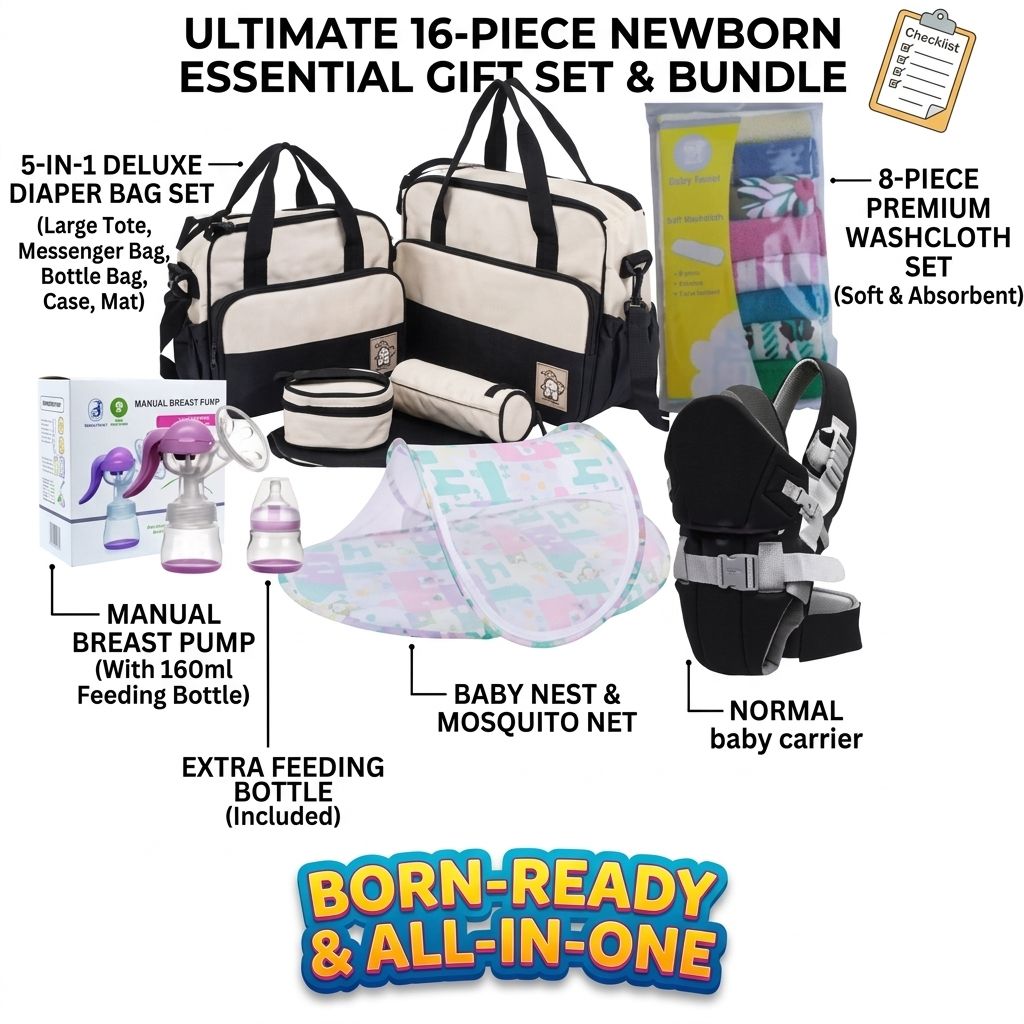Ultimate 16-Piece Newborn Essential Gift Set & Diaper Bag Bundle.
5 in 1 diaper bag, Manual breast pump,Normal baby carrier, 8 piece washcloth and baby nest