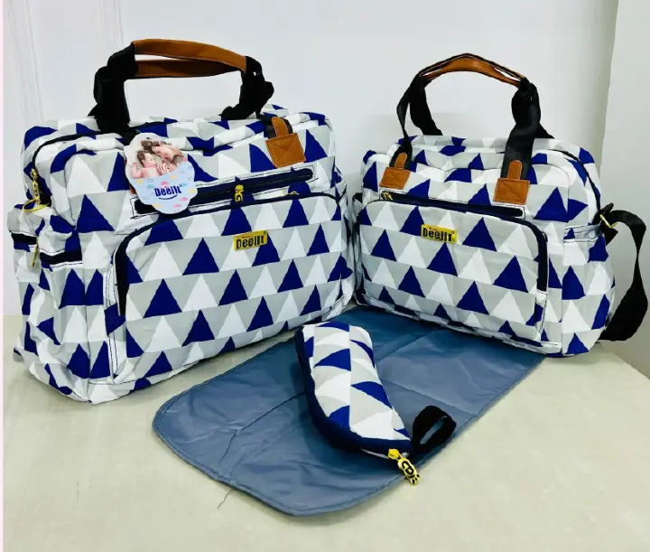 4-in-1 Geometric Diaper Bag Set,large main diaper bag, a medium-sized bag, a matching bottle holder and a waterproof changing mat.organized and stylish with this 4-piece diaper bag set