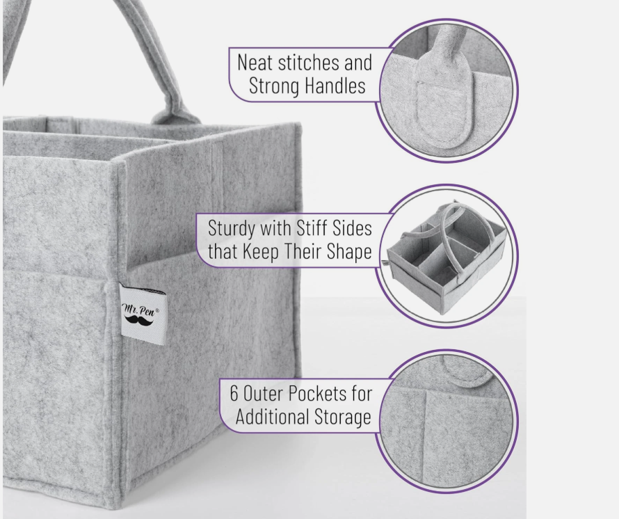 Premium Felt Baby Diaper Caddy Organizer - Portable Nursery Storage Bin with Interchangeable Compartments - Multi-Purpose Tote for Diapers, Wipes, and Toys