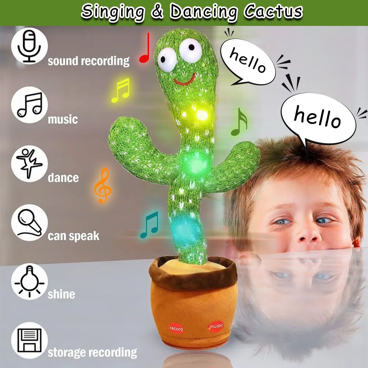 Talking & Dancing Cactus Toy – Interactive Musical Plush with Recording & LED Lights