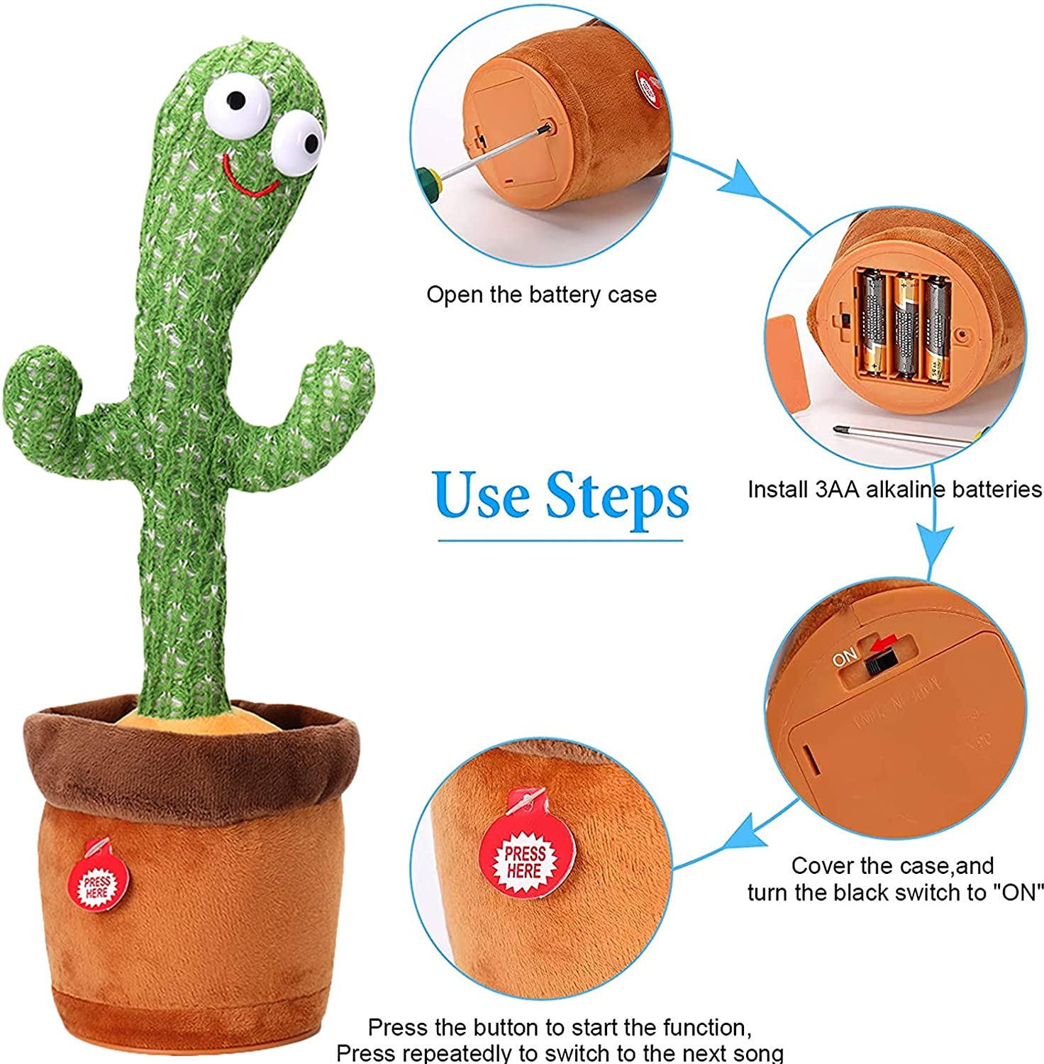 Talking & Dancing Cactus Toy – Interactive Musical Plush with Recording & LED Lights