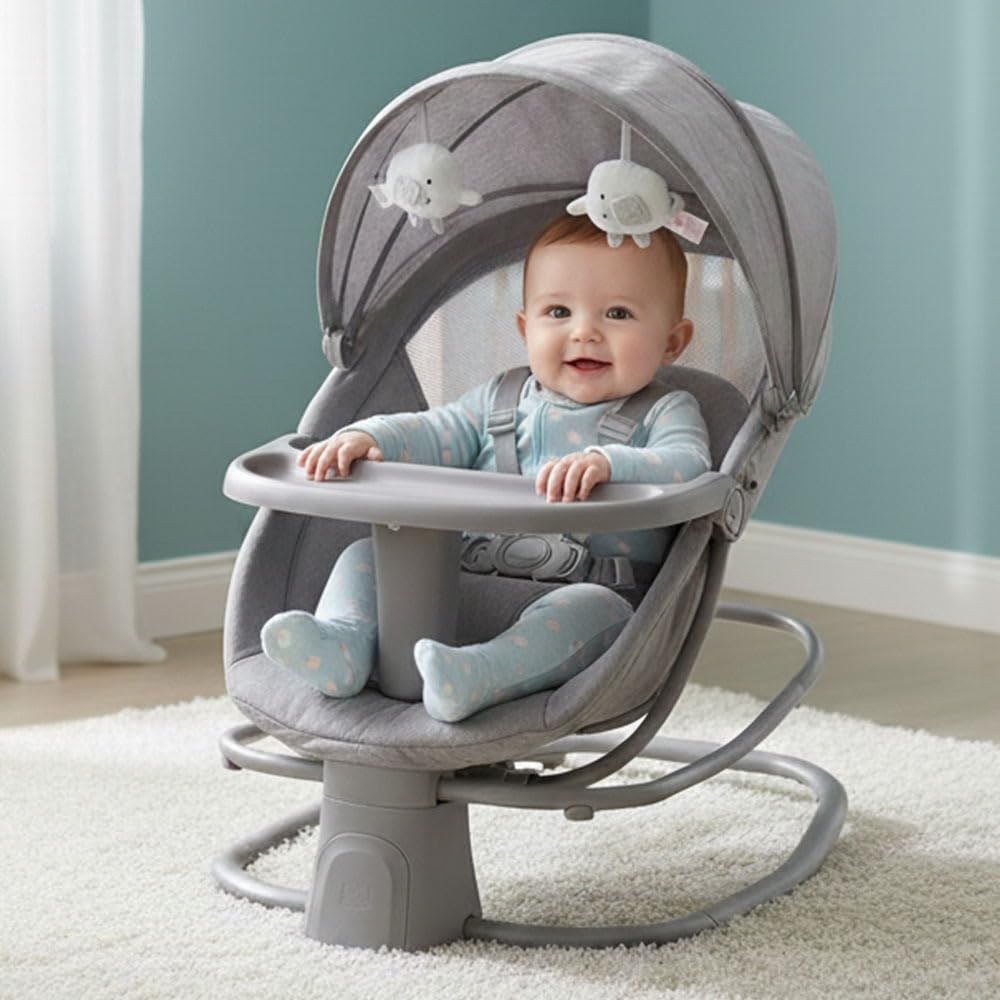 Mastela 4 in 1 Swing Rocker Automatic for Newborn Baby 0 to 18 Month Girl & Boy with 4- Swing Modes, Detachable Tray, Backrest Adjustment Bassinet, Bluetooth Playback
