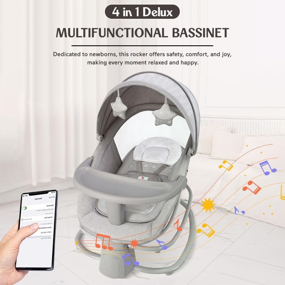 Mastela 4 in 1 Swing Rocker Automatic for Newborn Baby 0 to 18 Month Girl & Boy with 4- Swing Modes, Detachable Tray, Backrest Adjustment Bassinet, Bluetooth Playback