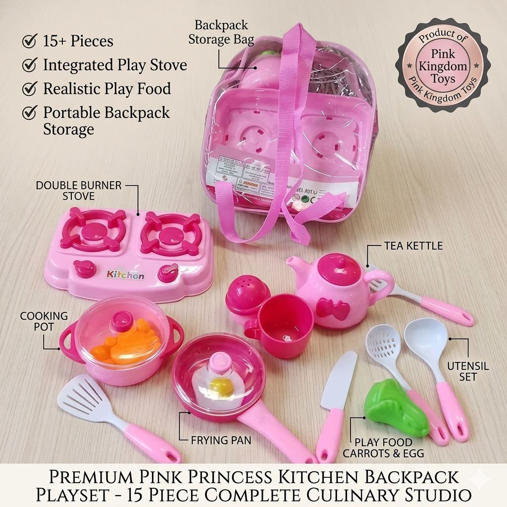 15-Piece Portable Princess Kitchen Backpack Playset – Complete "Cook & Go" Culinary Studio with Play Food & Accessories