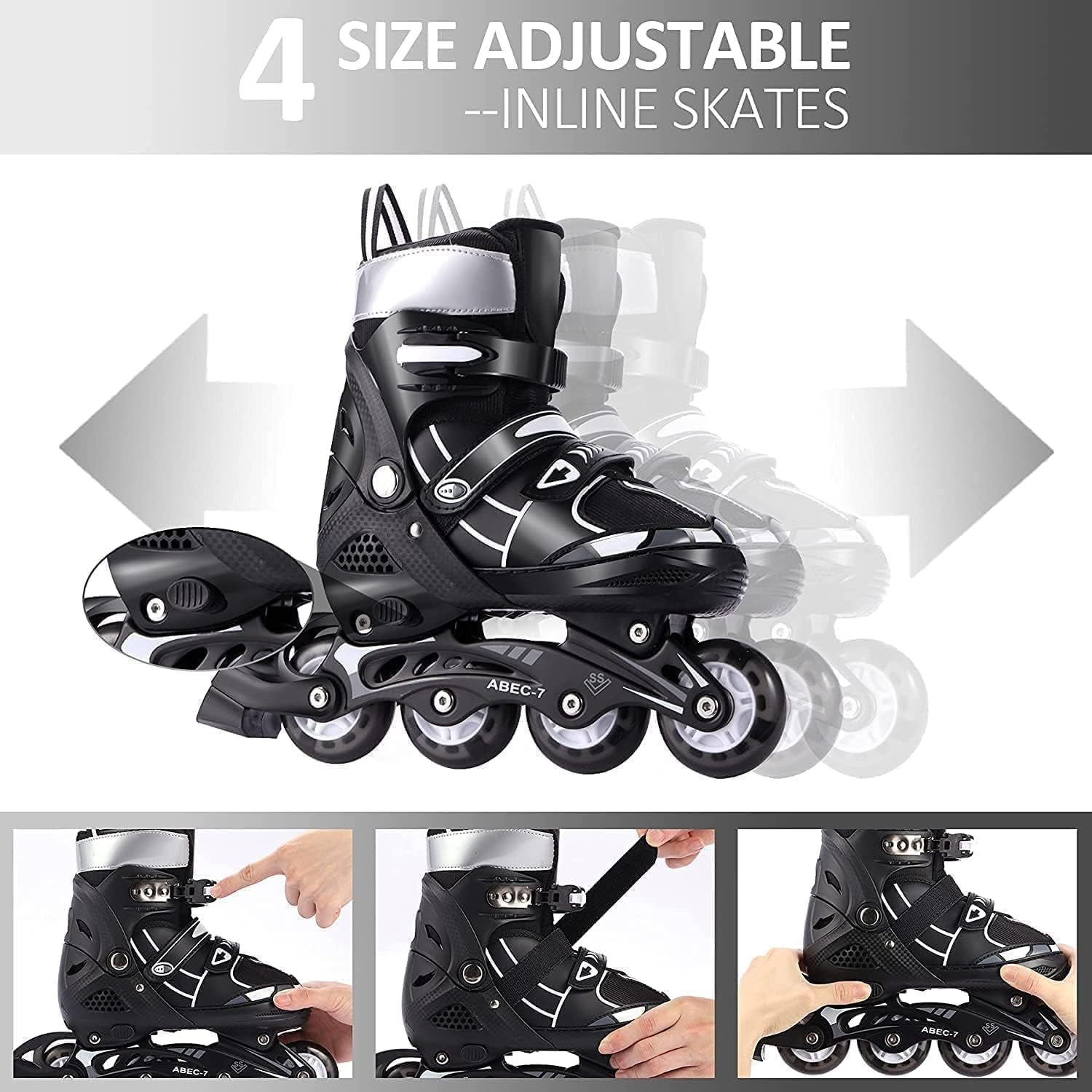 Adjustable Flashing 4-Wheel Inline Roller Skates – Medium Size (38-42) with LED Illuminating Wheels