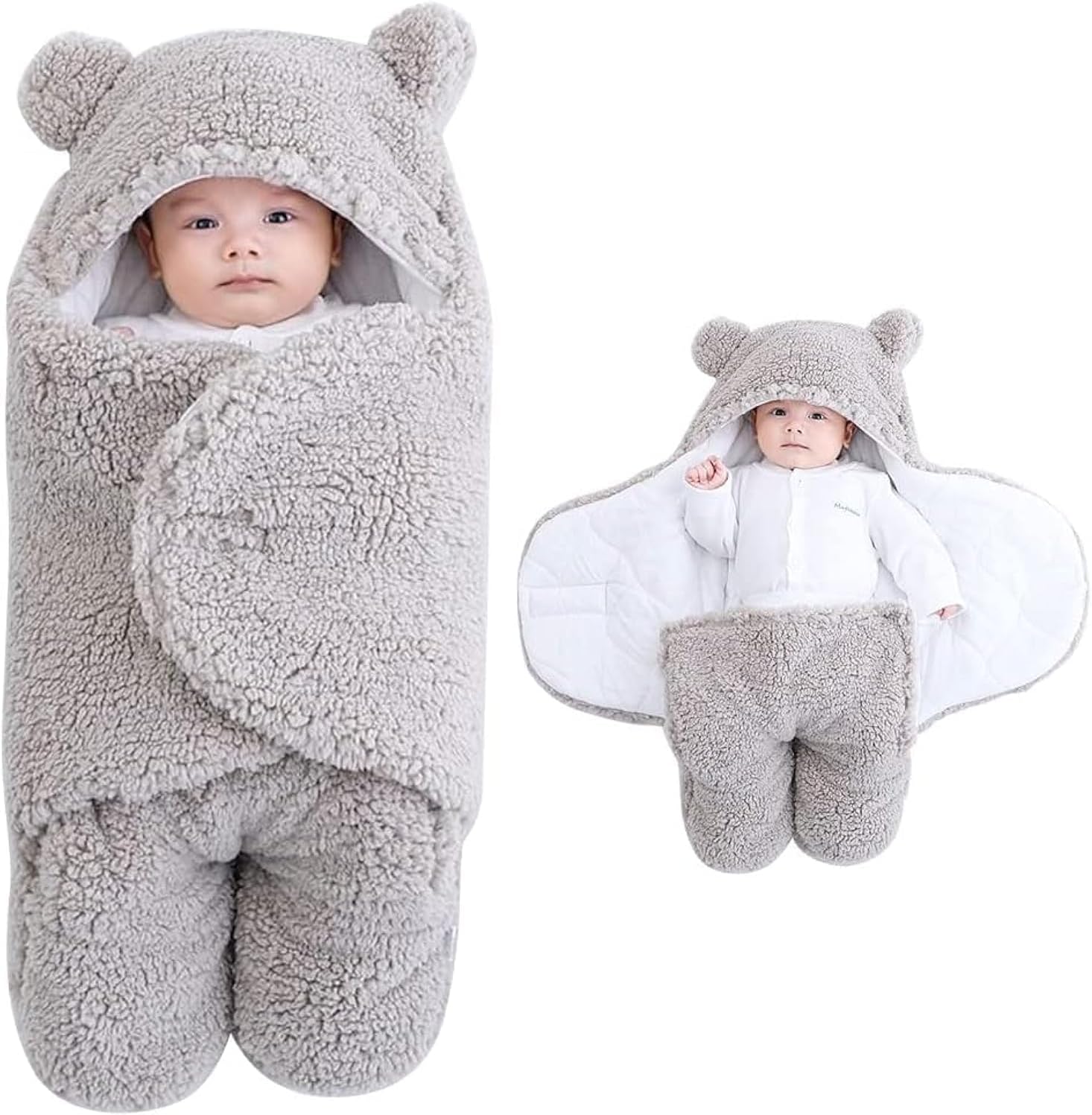 Newborn Baby Swaddle Blanket, Baby Hooded Swaddle, Receiving Blanket Unisex Fleece Sleeping Bag, Plush Swaddle Blankets Lined Swaddle for Kids