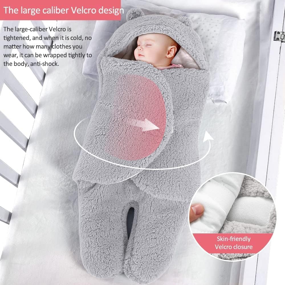 Newborn Baby Swaddle Blanket, Baby Hooded Swaddle, Receiving Blanket Unisex Fleece Sleeping Bag, Plush Swaddle Blankets Lined Swaddle for Kids