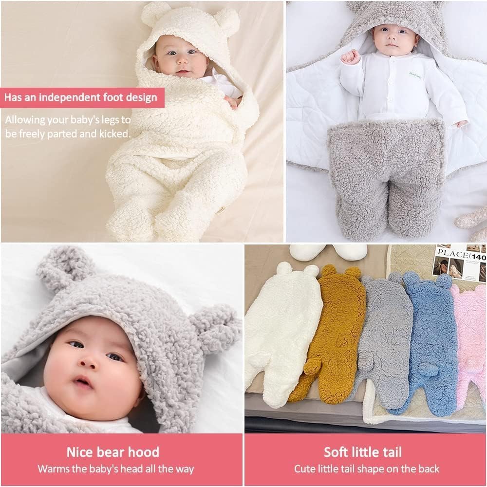 Newborn Baby Swaddle Blanket, Baby Hooded Swaddle, Receiving Blanket Unisex Fleece Sleeping Bag, Plush Swaddle Blankets Lined Swaddle for Kids