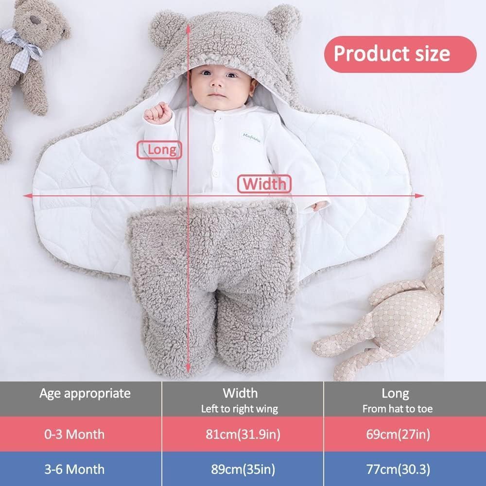 Newborn Baby Swaddle Blanket, Baby Hooded Swaddle, Receiving Blanket Unisex Fleece Sleeping Bag, Plush Swaddle Blankets Lined Swaddle for Kids
