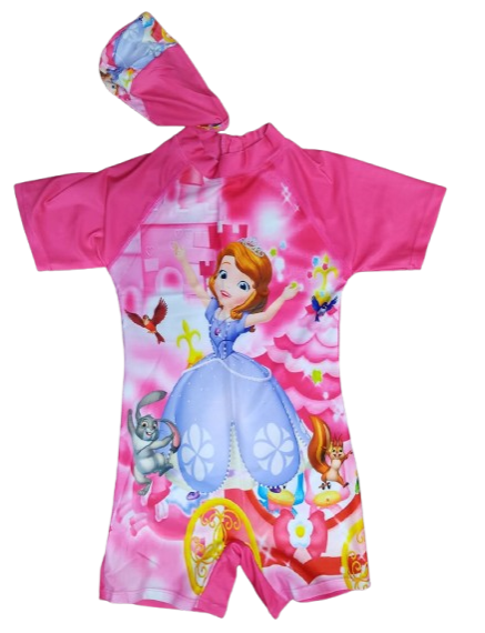 Girls' Cartoon-Themed One-Piece Swimsuit & Matching Waterproof Swim Cap Set