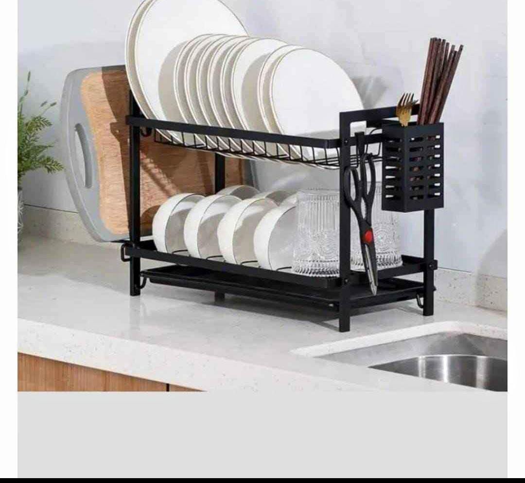 DISH RACK. 2 Tier Dishrack Golden Black, Made from durable carbon steel or stainless steel with a black frame and gold-finished accents.