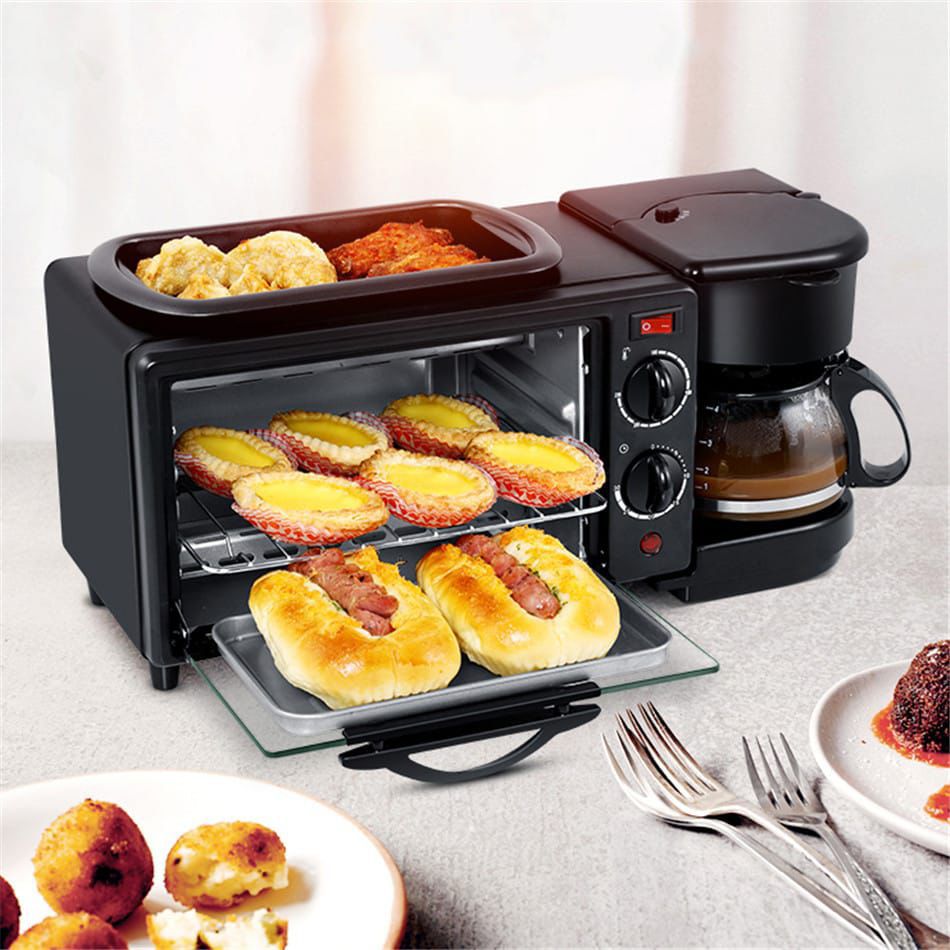 3 IN 1 BREAKFAST MAKER 9litres; TOASTER,OVEN, COFFEE MAKER,This versatile breakfast station covers your entire morning breakfast, allowing you to make your Coffee, toast and eggs all at once.