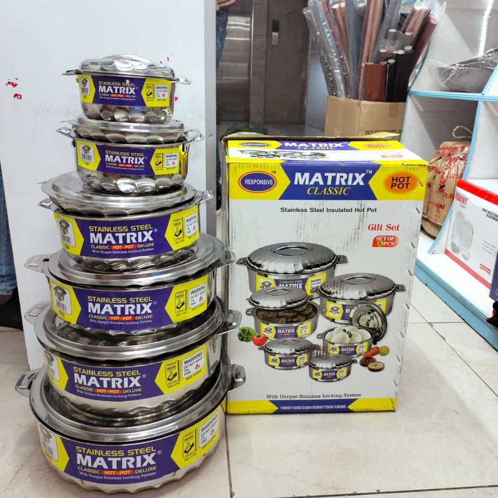 6pcs set hotpot matrix stainless steel.This double wall strong and sturdy Hot Pot is made of stainless steel and insulated with top quality material to keep your foods hot and cold for long.
