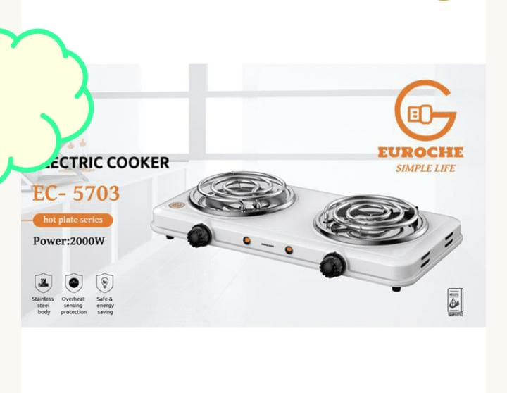 Double coil electric cooker.Two Heating Elements: Equipped with two coil burners, allowing you to cook multiple dishes at once or use different heat levels for various cooking needs.